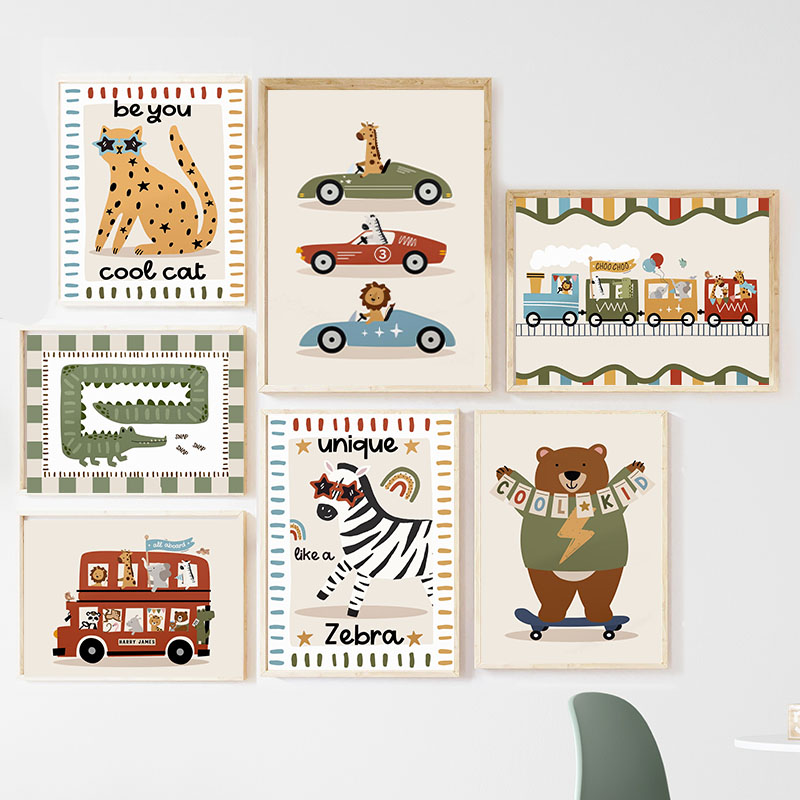 Baby Nursery Art - Zabawne Kreskówkowe Zwierzęta Samochód Autobus Obraz