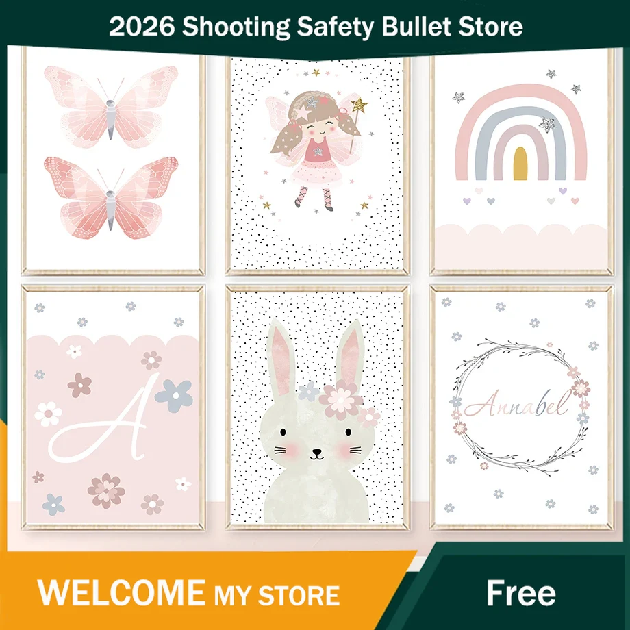 Baby Nursery Art - Urocza Dziewczynka Królik Kwiat Motyl Tęcza