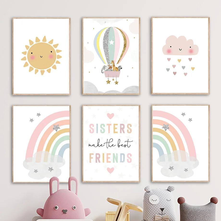 Baby Nursery Hanging Decor - Żyrafa Słoń Balon Słońce Tęcza Plakaty