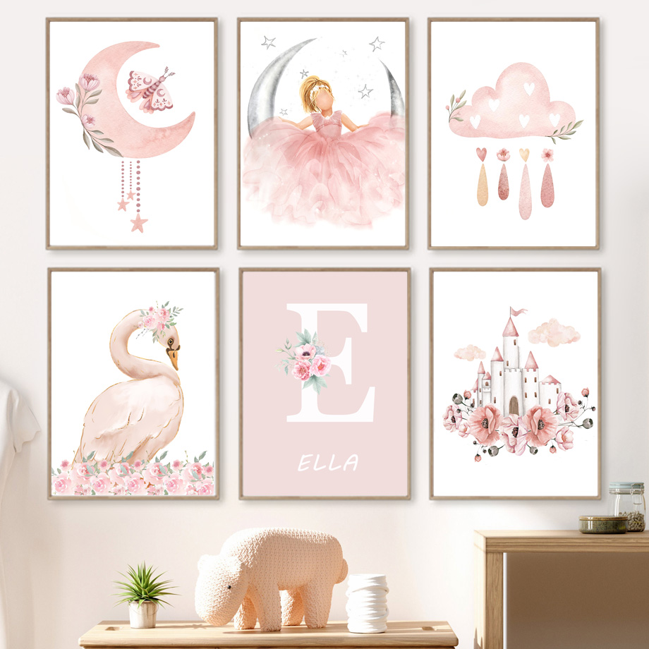 Baby Nursery Art - Różowy Aniołek Dziewczynka Słońce Księżyc Chmura
