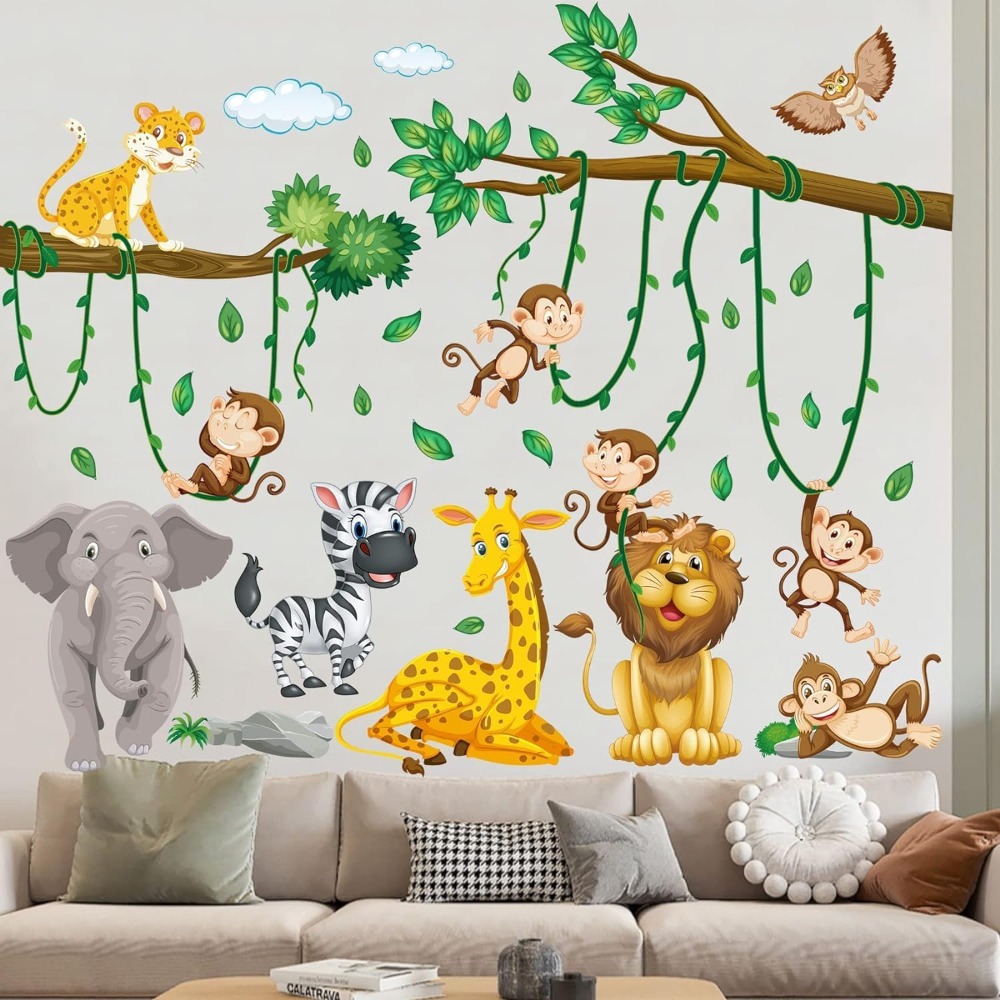Baby Nursery Decor Boy - Naklejki ścienne z motywem dżungli, zwierząt,