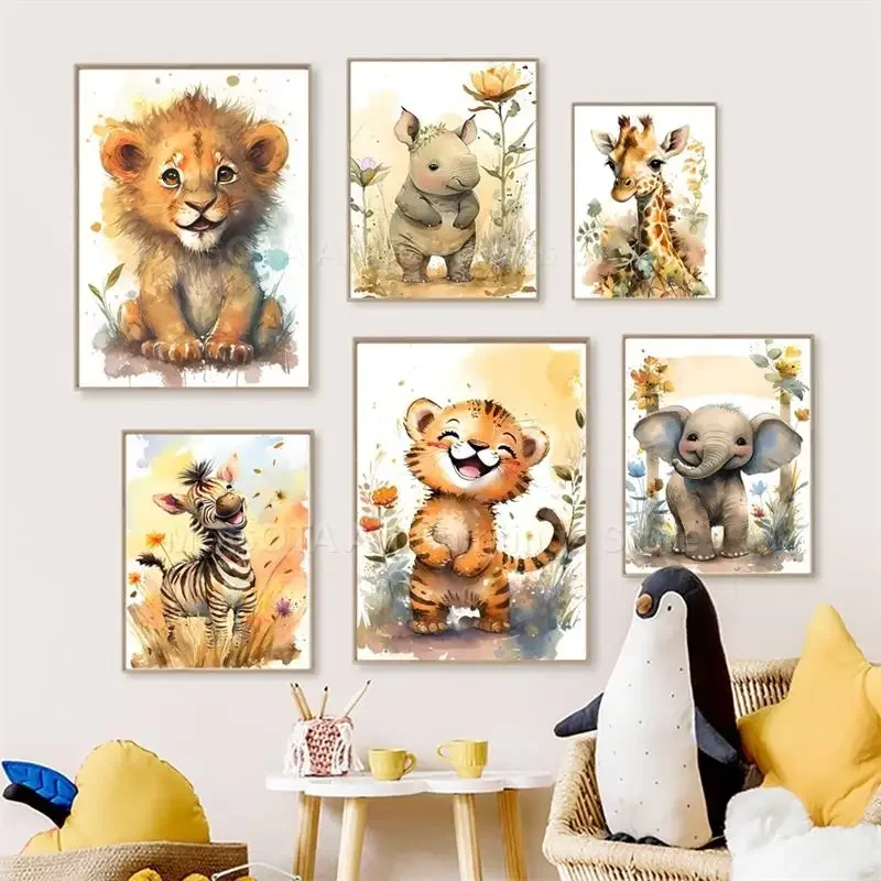 Baby Nursery Art - Akwarelowe Lwy Żyrafy Tygrysy Słonie Zebry