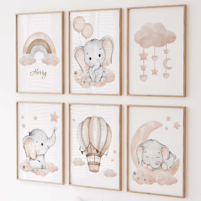 Baby Nursery Art - Cute Elephant Hot Balloon Moon Rainbow