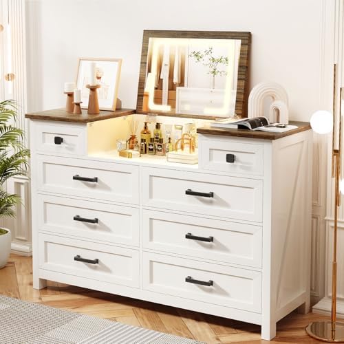 Drawer Dresser White - Komoda z lustrem LED, 8 szufladami,