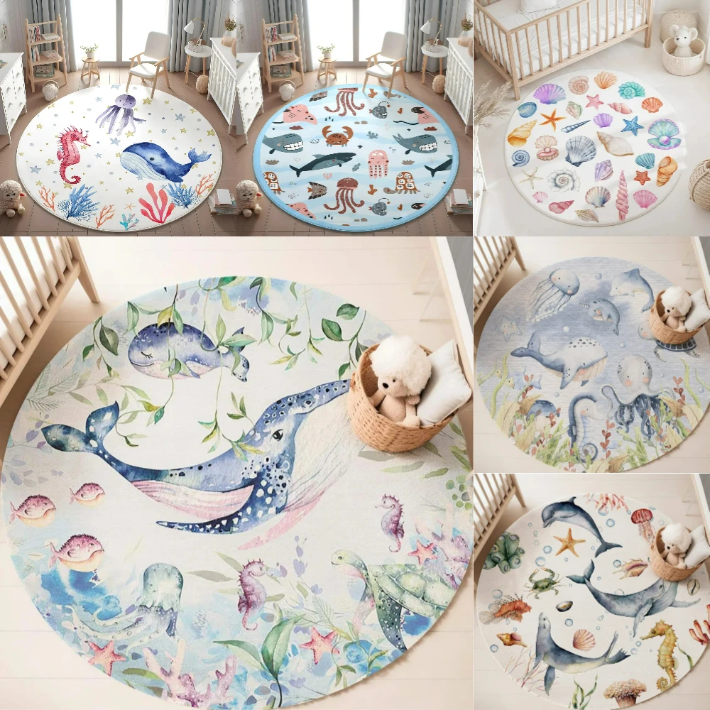 Baby Nursery Rug - Niebieski dywan z motywem morskich zwierząt,