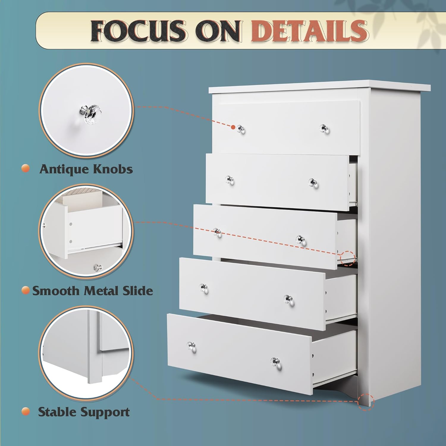 Biała komoda do sypialni, 114  – Drawer Dresser White recenzja i cena