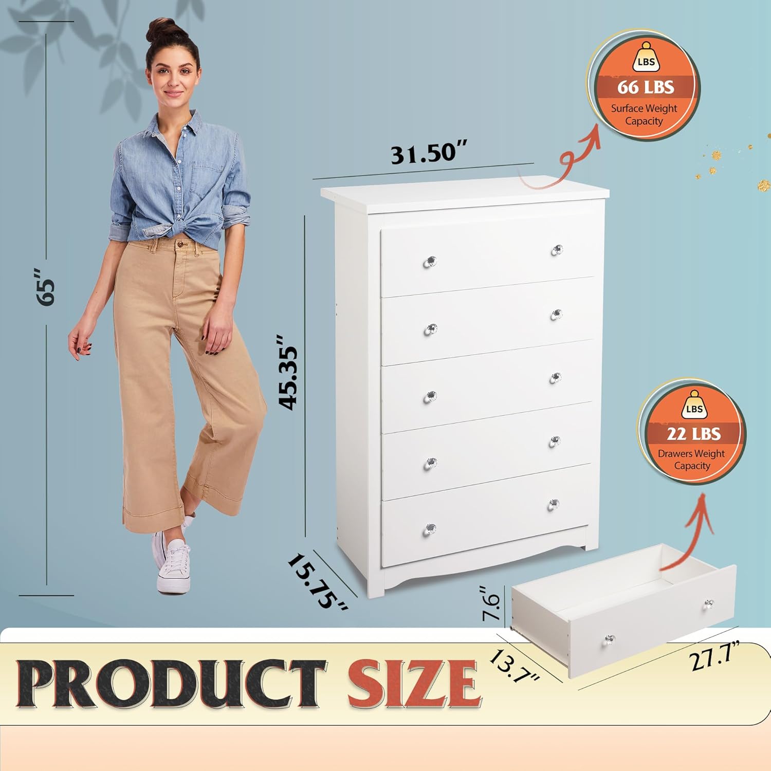 Biała komoda do sypialni, 114  – Drawer Dresser White recenzja i cena
