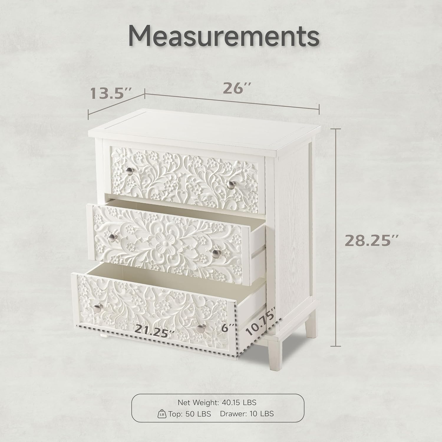 Komoda z 3 szufladami, w całoś – Drawer Dresser White recenzja i cena