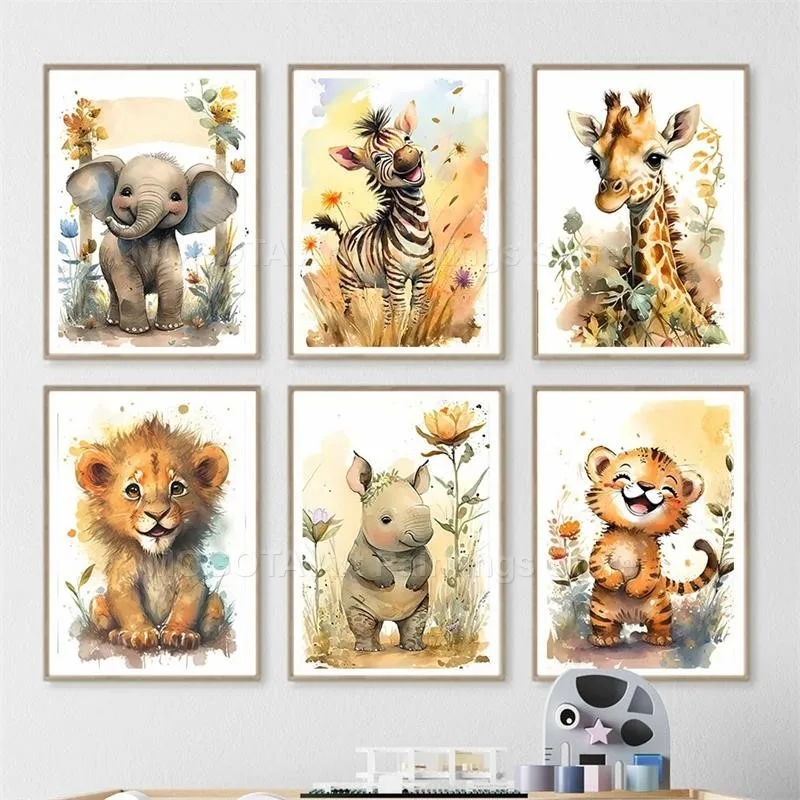 Akwarela Lew Żyrafa Tygrys Sło – Baby Nursery Art recenzja i cena