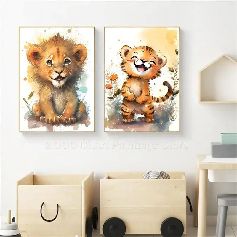 Akwarela Lew Żyrafa Tygrys Sło – Baby Nursery Art recenzja i cena