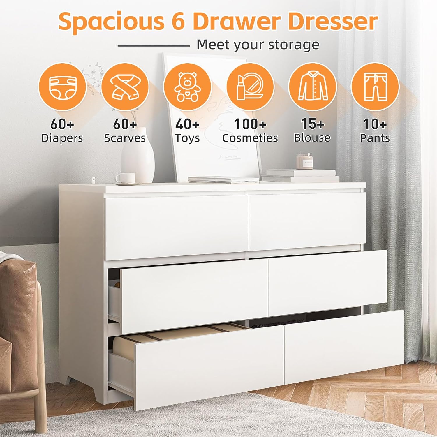 Komoda z białego drewna z 6 sz – Drawer Dresser White recenzja i cena