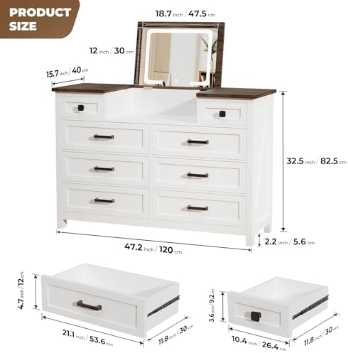 Komoda z lustrem LED, 8 szufla – Drawer Dresser White recenzja i cena